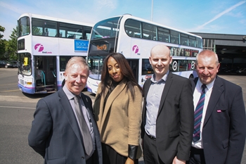 Pictured left to right with the Volvo Olympian donated to Keighley Bus Museum and an ADL Enviro 400 introduced in Leeds in Autumn 2014: Bob Dorr, Business Manager, First Leeds; Victoria Walker, Bus Users; Iain Simpson, Keighley Bus Museum; Jeff Howarth, Bus Driver in Leeds with 39 years service who has driven both buses